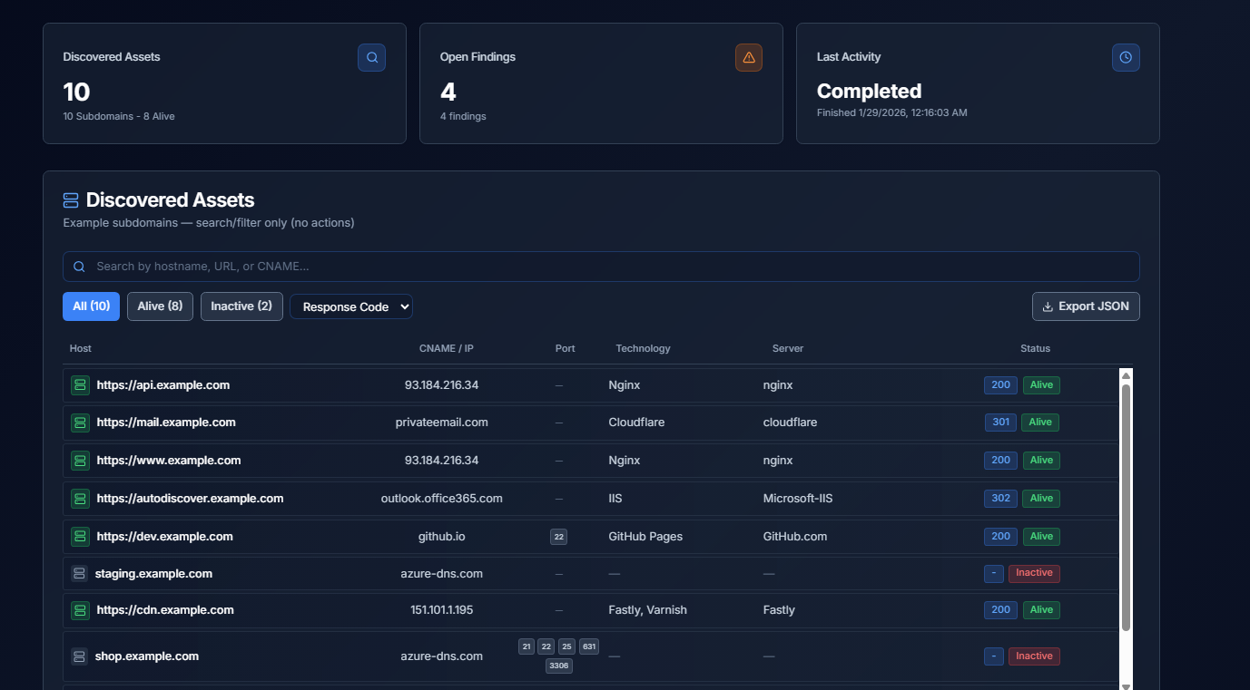 Attack surface monitoring dashboard — discovered assets, external asset discovery, open ports, CNAME/IP (example)